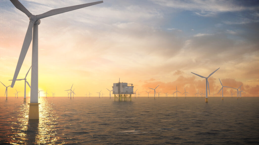 Artistic illustration of wind turbines and a substation at Dogger Bank Wind Farm by Aibel