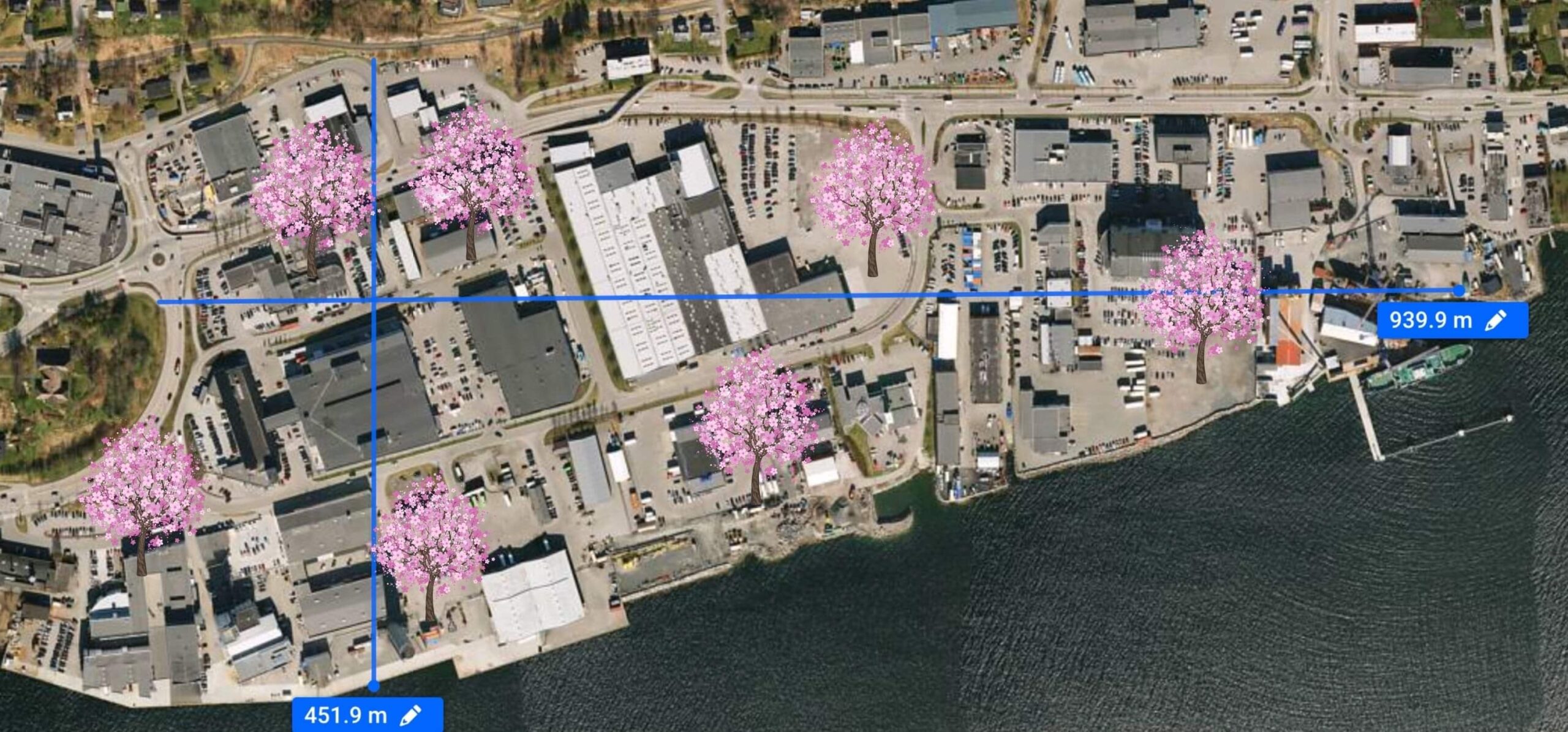 Map of how the trees are spread over the area around Axess HQ in Molde Norway scaled